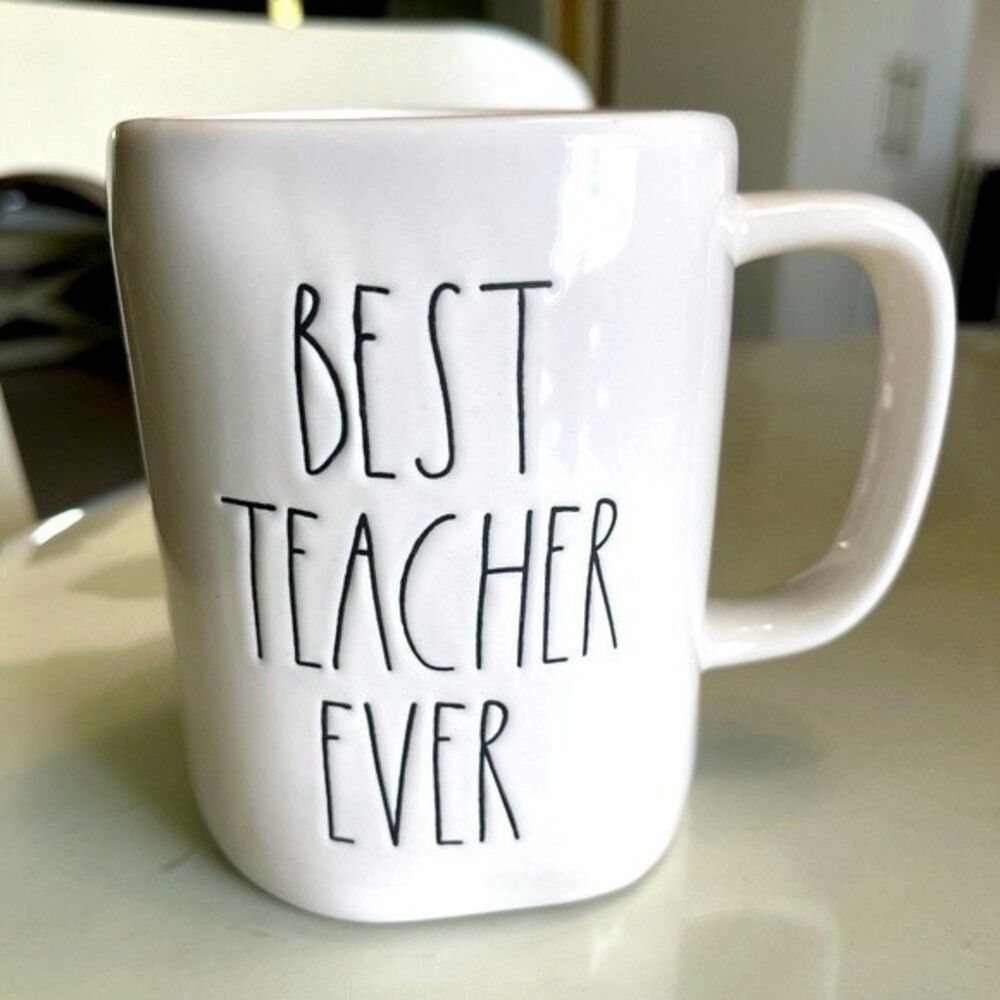 Rae Dunn Magenta Collection Best Teacher Ever Mug. White Mug Black Lettering
